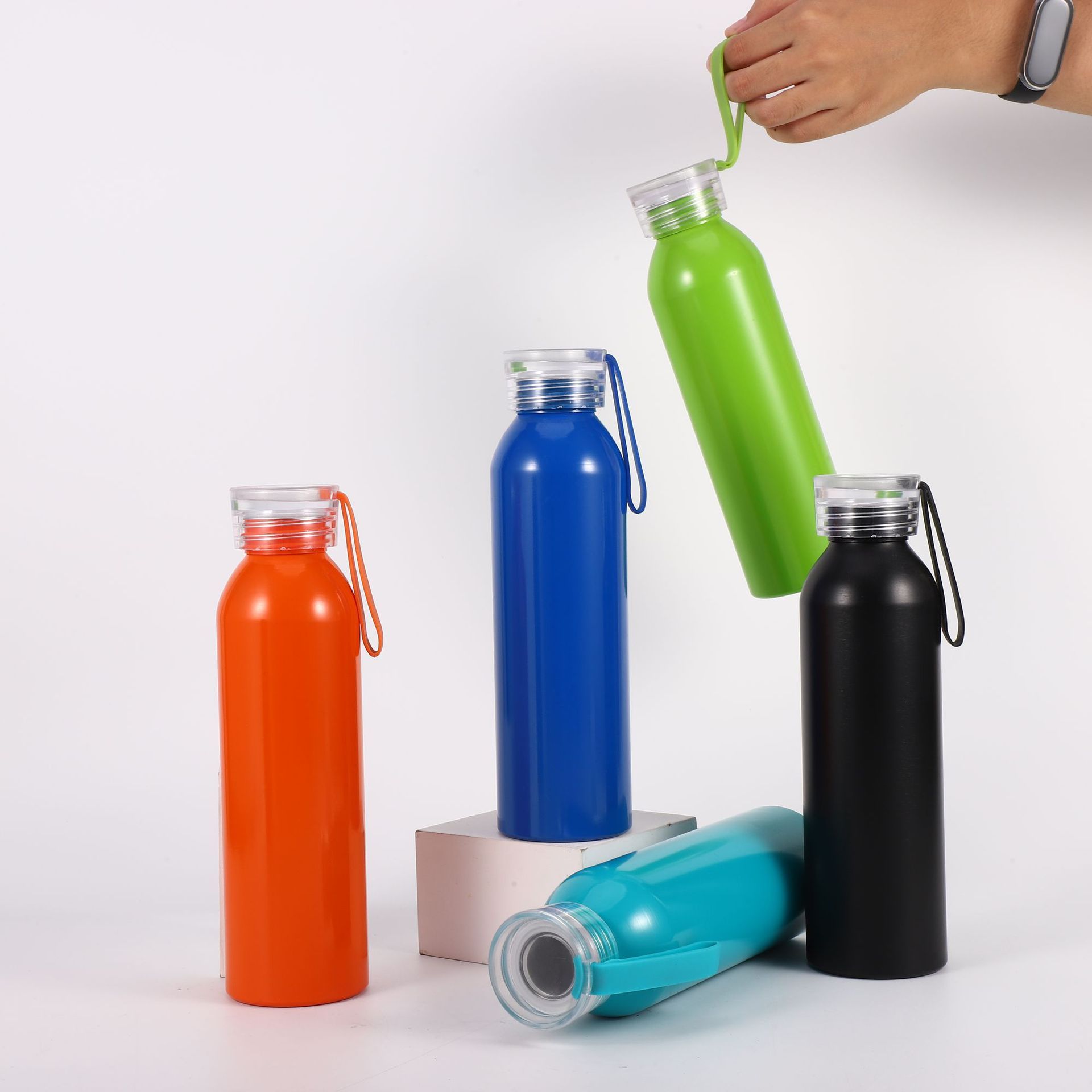 Wholesale Aluminum Outdoor Small Narrow Mouth Sport Water Bottle Screw Cap With Strip Light Weight