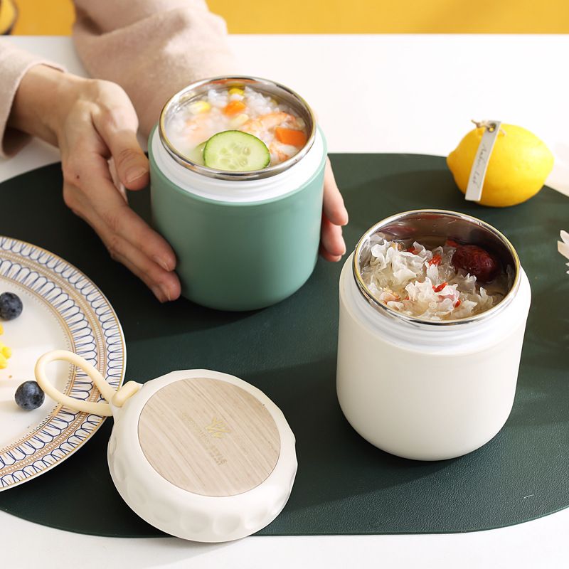 Stainless Steel (18/8Pro) Portable Wooden grain soup/breakfast jar 250ml ~500ml Olive